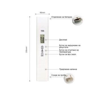 TDS метър 0-990 ppm, 0° С - 50° С, ТДС твърди частици